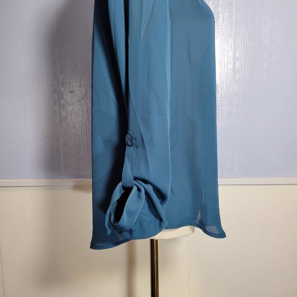 Elle Small Teal Longsleeve Scalloped Trim Dressy Hidden Button Up Blouse - Picture 6 of 11